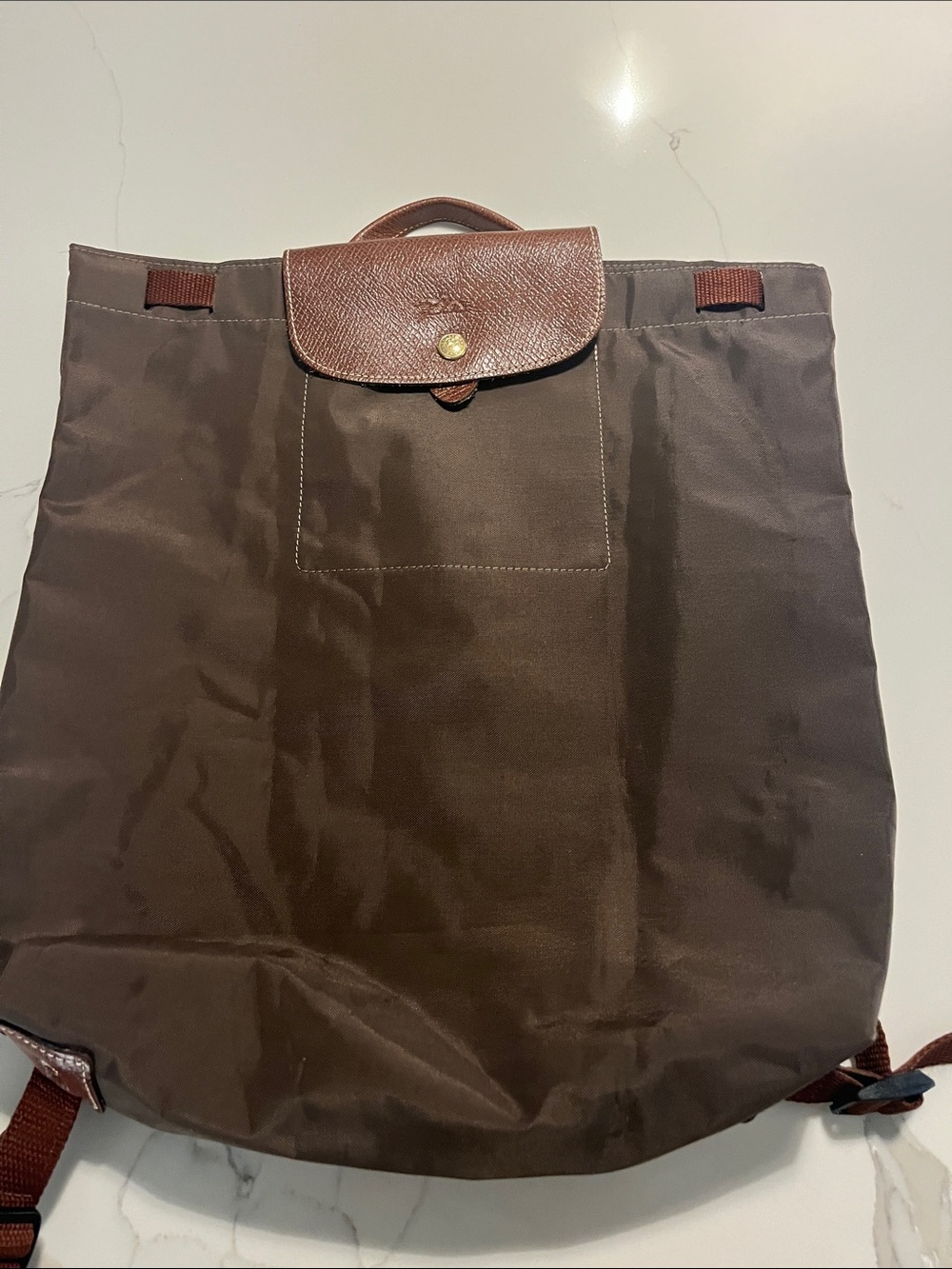 Longchamp Drawstring nylon backpack with leather flap and handle